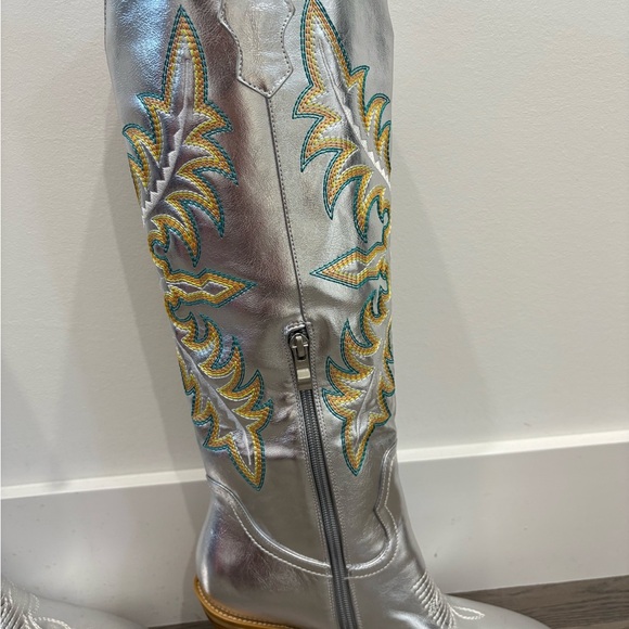 Metallic Western Knee High Cowgirl Boots Silver with Embroidery Women Size 7 & 6 - Picture 7 of 14